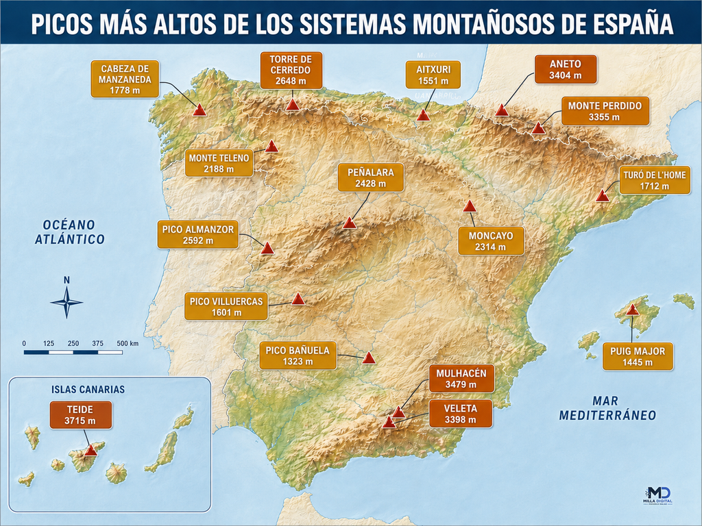 Mapa de los picos más altos de España y sus sistemas montañosos